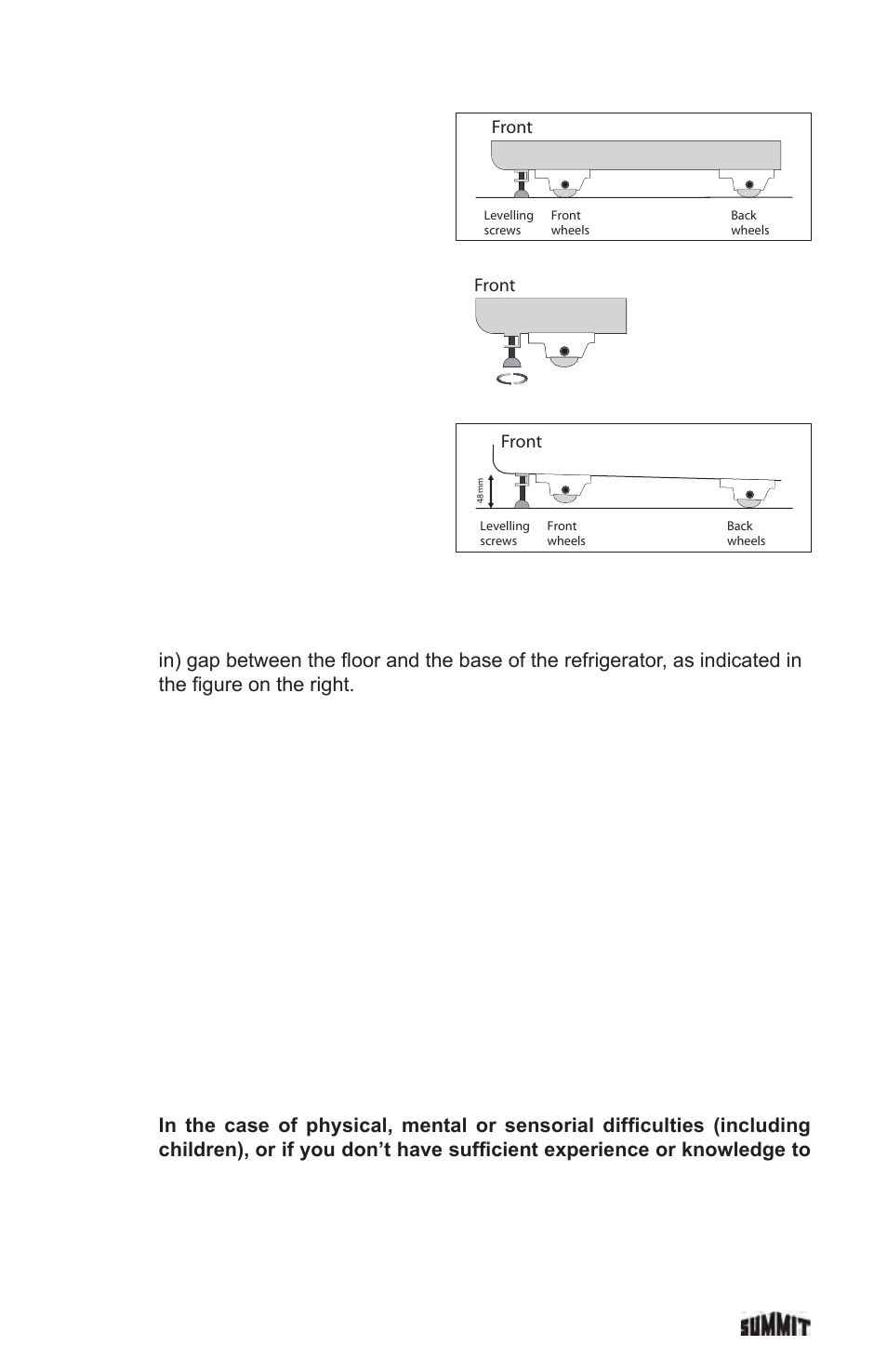 Levelling, Observe the following when installing, Caution | Important | Summit FF1935PL User Manual | Page 7 / 35