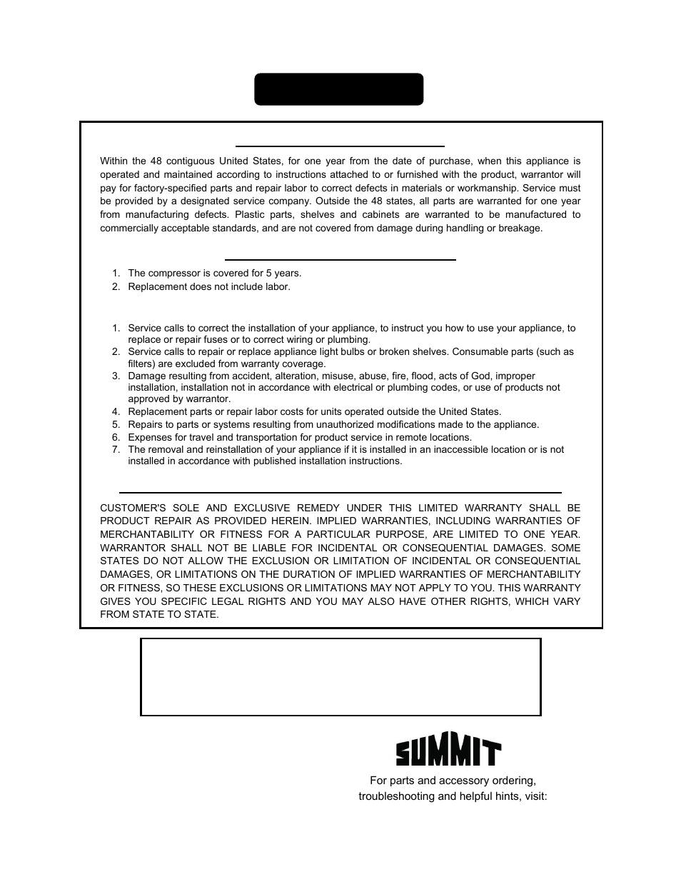Limited warranty | Summit FF511LBIADA Series User Manual | Page 12 / 12