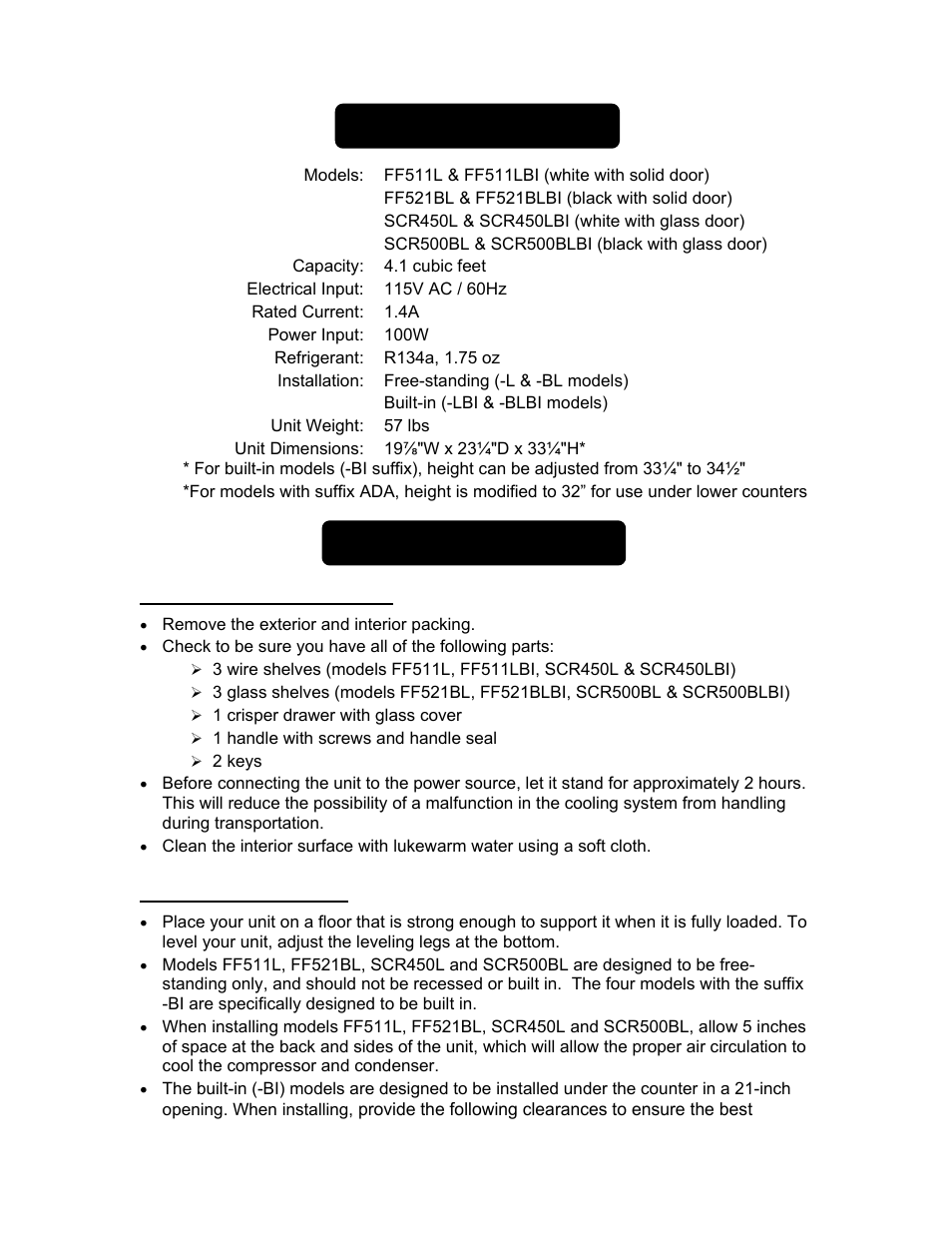 Technical information, Installation instructions | Summit FF511LBIADA Series User Manual | Page 5 / 12