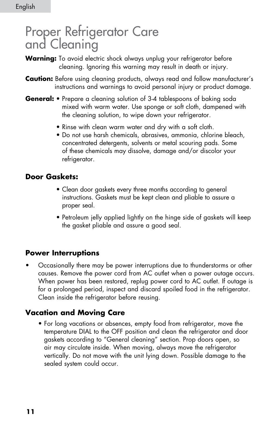 Proper refrigerator care and cleaning | Summit CM420ESBL User Manual | Page 12 / 44