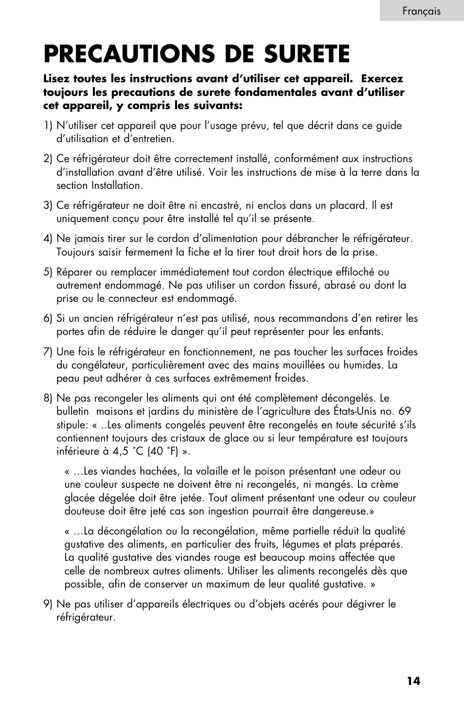 Precautions de surete | Summit CM420ESBL User Manual | Page 15 / 44