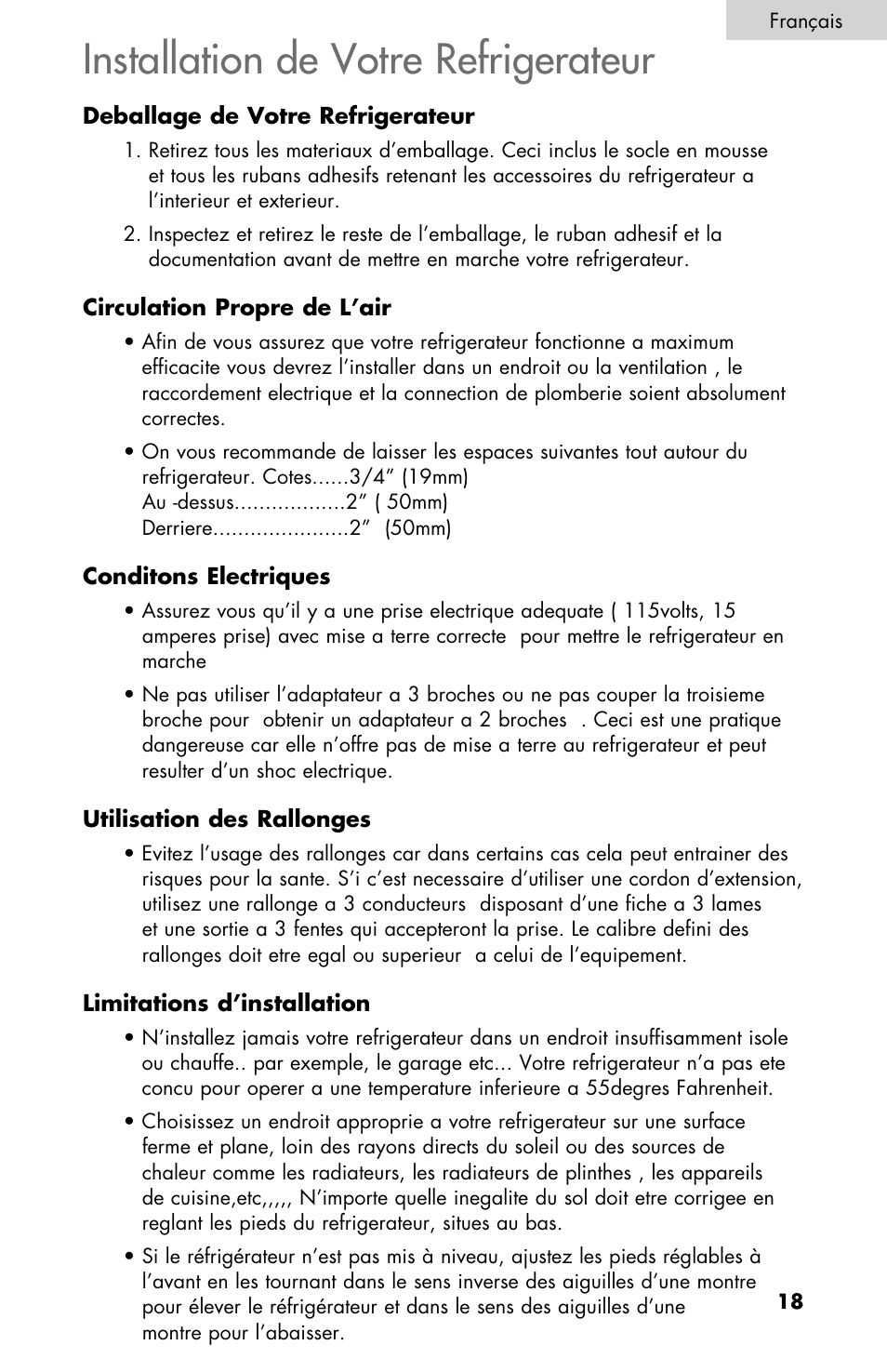 Installation de votre refrigerateur | Summit CM420ESBL User Manual | Page 19 / 44