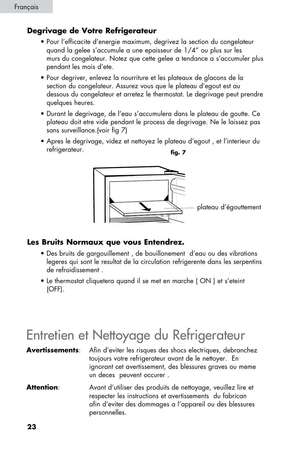 Entretien et nettoyage du refrigerateur | Summit CM420ESBL User Manual | Page 24 / 44