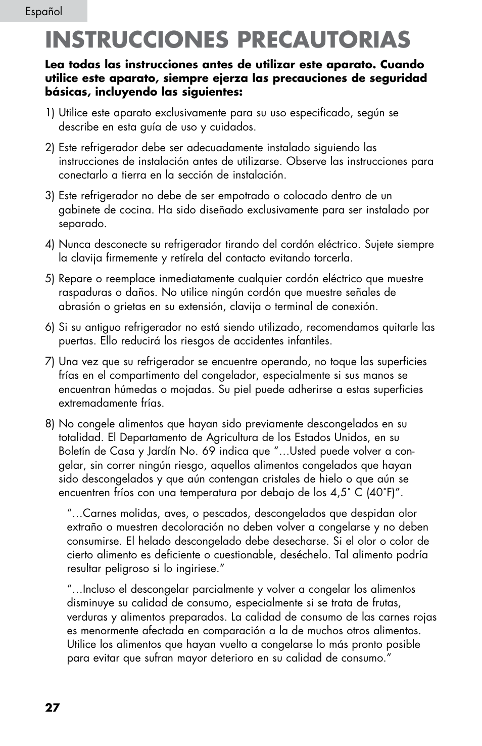 Instrucciones precautorias | Summit CM420ESBL User Manual | Page 28 / 44