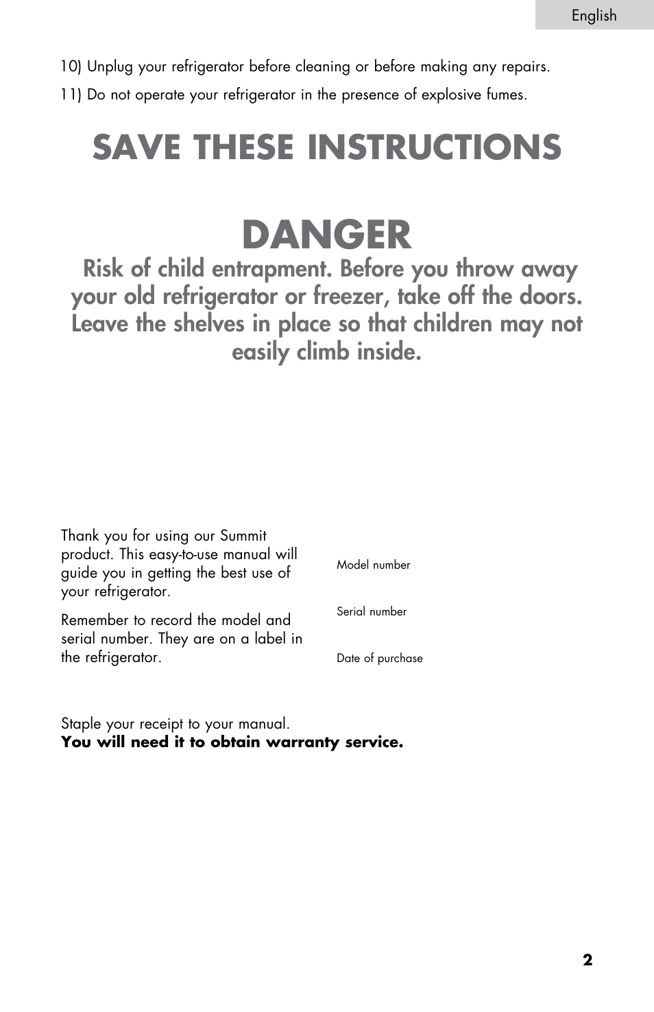 Danger, Save these instructions | Summit CM420ESBL User Manual | Page 3 / 44