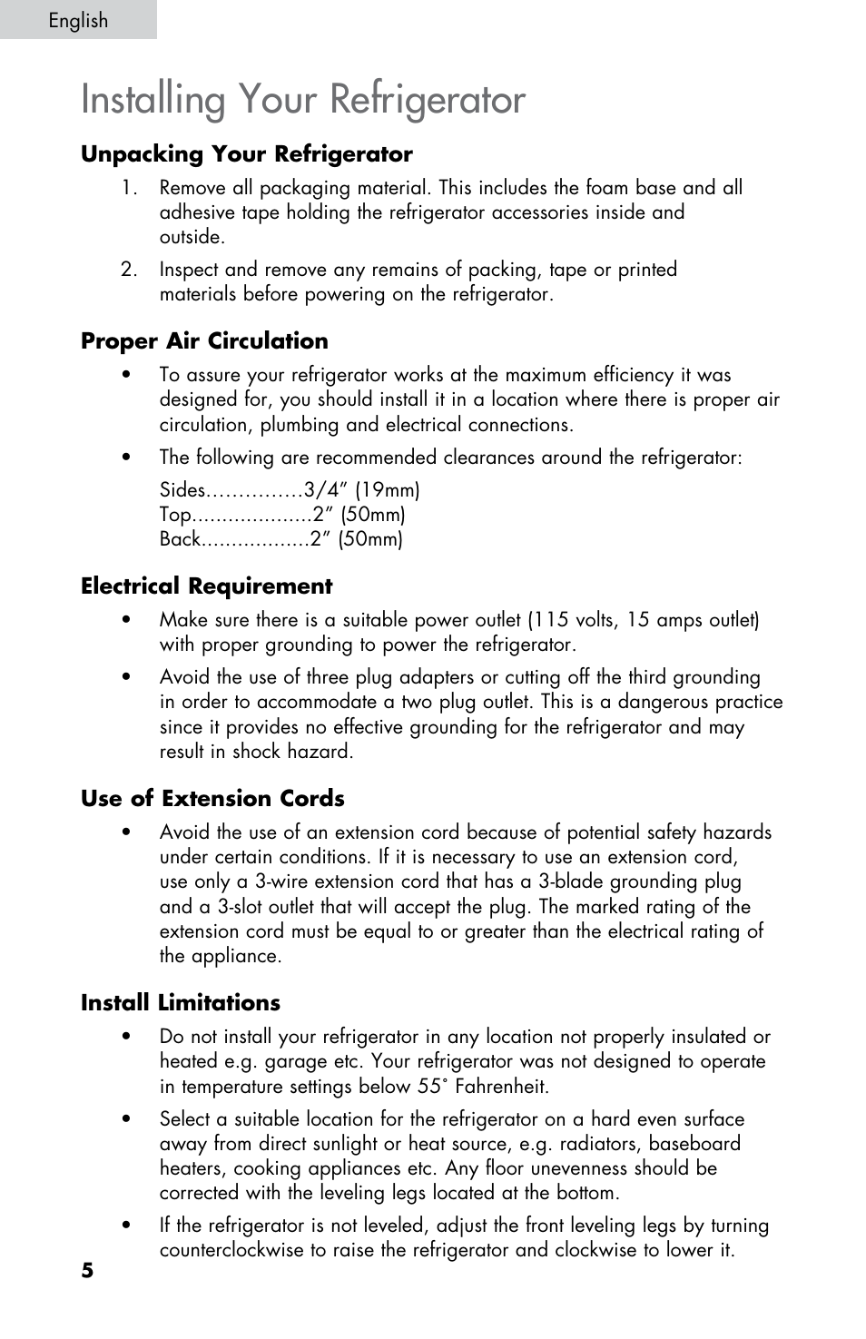 Installing your refrigerator | Summit CM420ESBL User Manual | Page 6 / 44