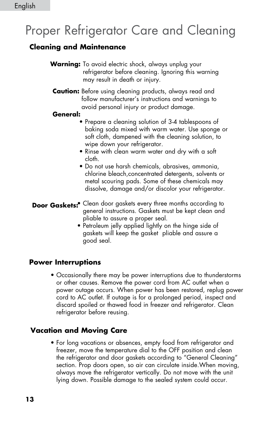 Proper refrigerator care and cleaning | Summit FF430BLL User Manual | Page 14 / 48