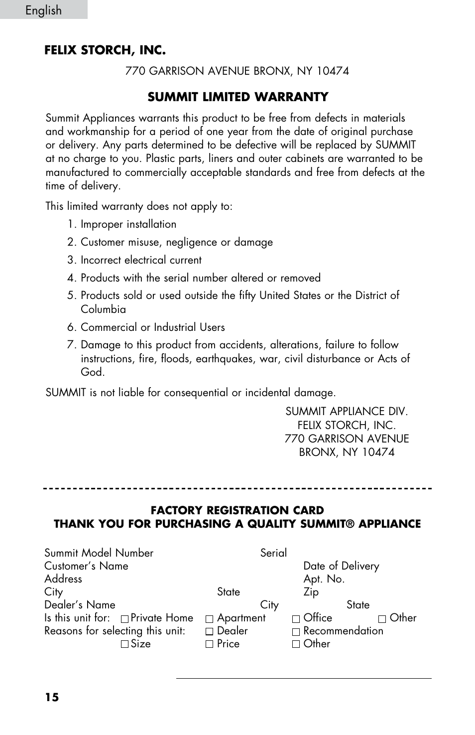 Summit FF430BLL User Manual | Page 16 / 48