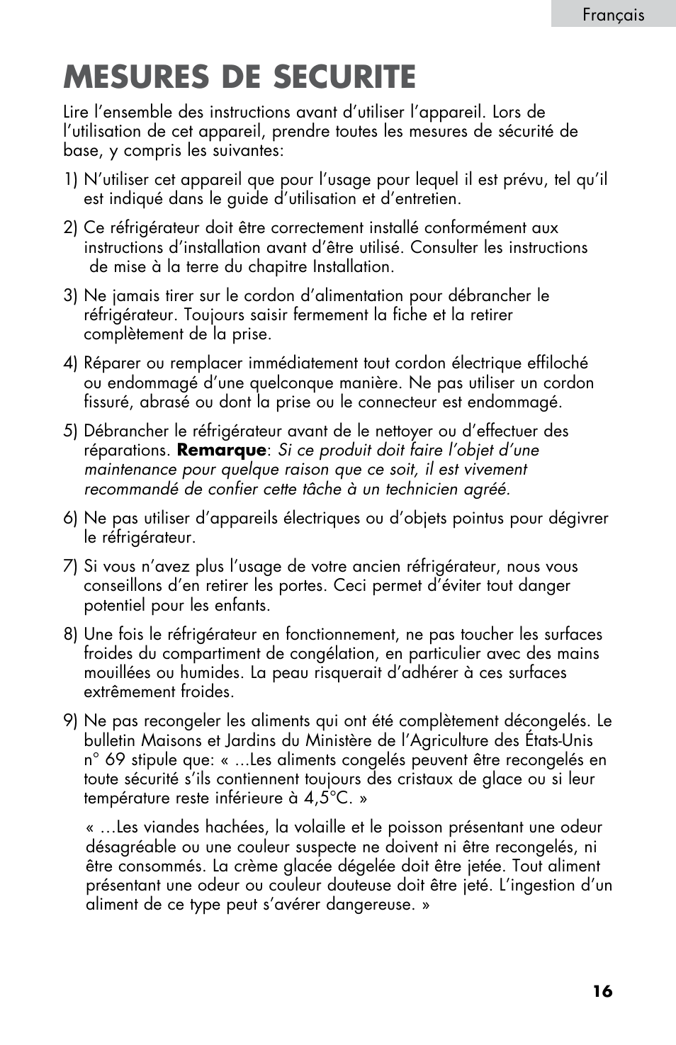 Mesures de securite | Summit FF430BLL User Manual | Page 17 / 48