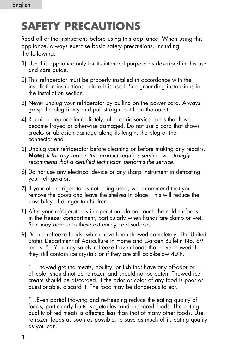 Safety precautions | Summit FF430BLL User Manual | Page 2 / 48