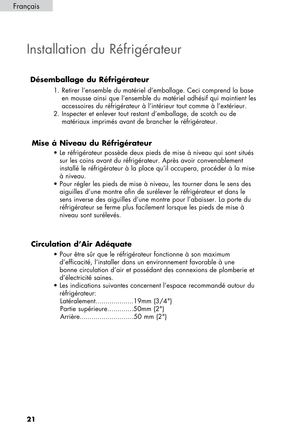 Installation du réfrigérateur | Summit FF430BLL User Manual | Page 22 / 48