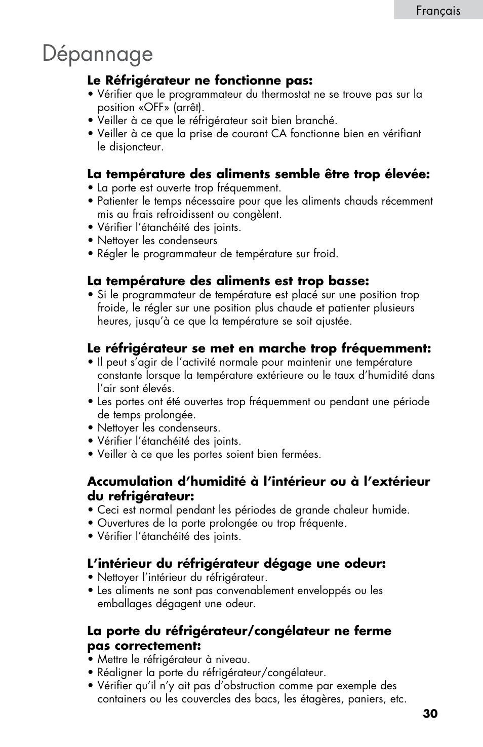 Dépannage | Summit FF430BLL User Manual | Page 31 / 48