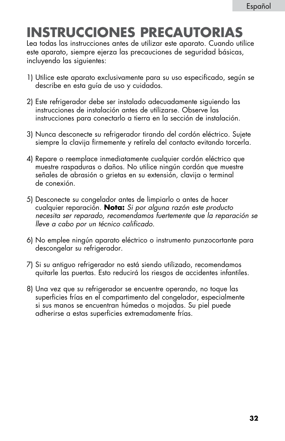 Instrucciones precautorias | Summit FF430BLL User Manual | Page 33 / 48