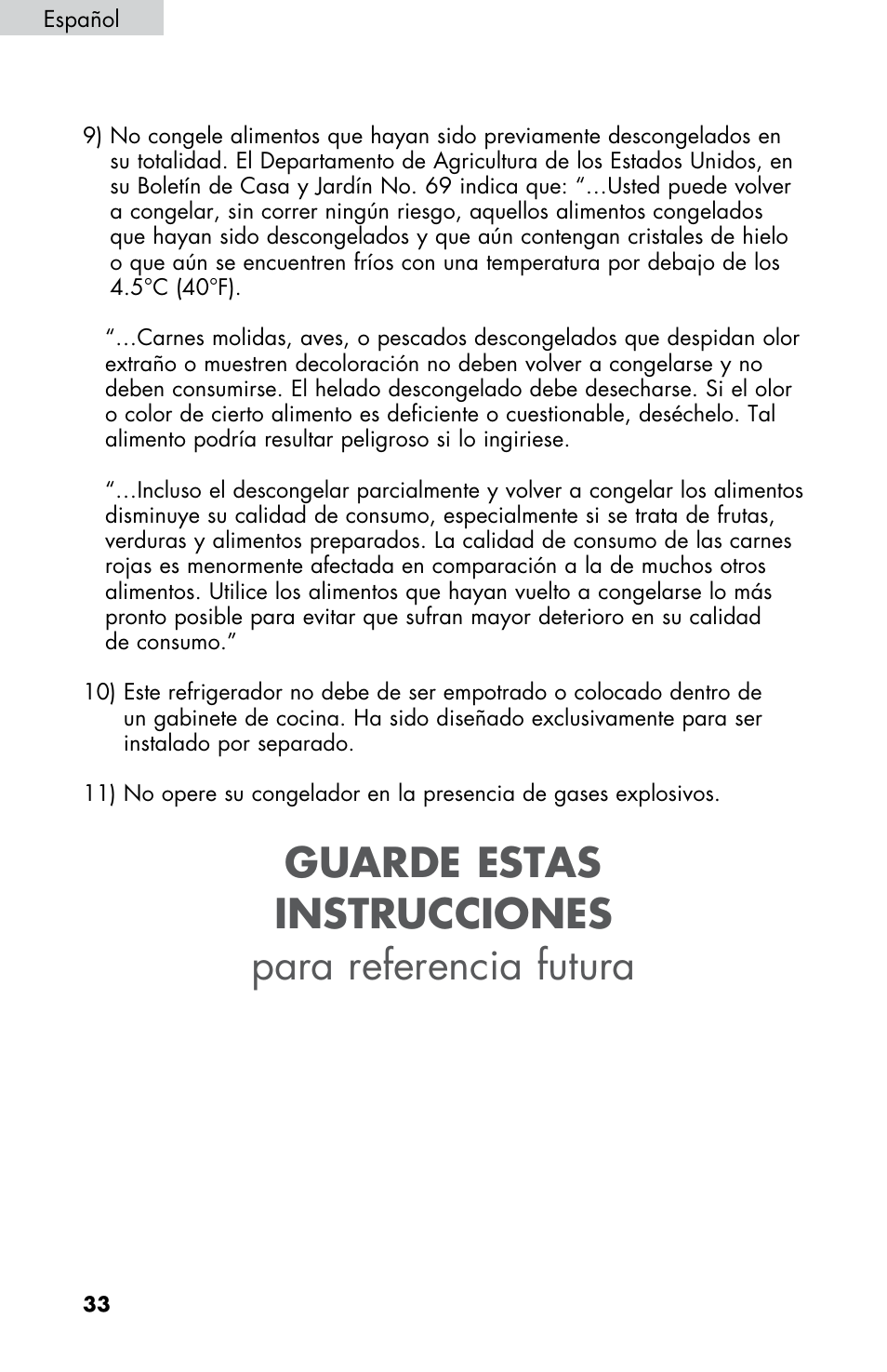 Guarde estas instrucciones para referencia futura | Summit FF430BLL User Manual | Page 34 / 48