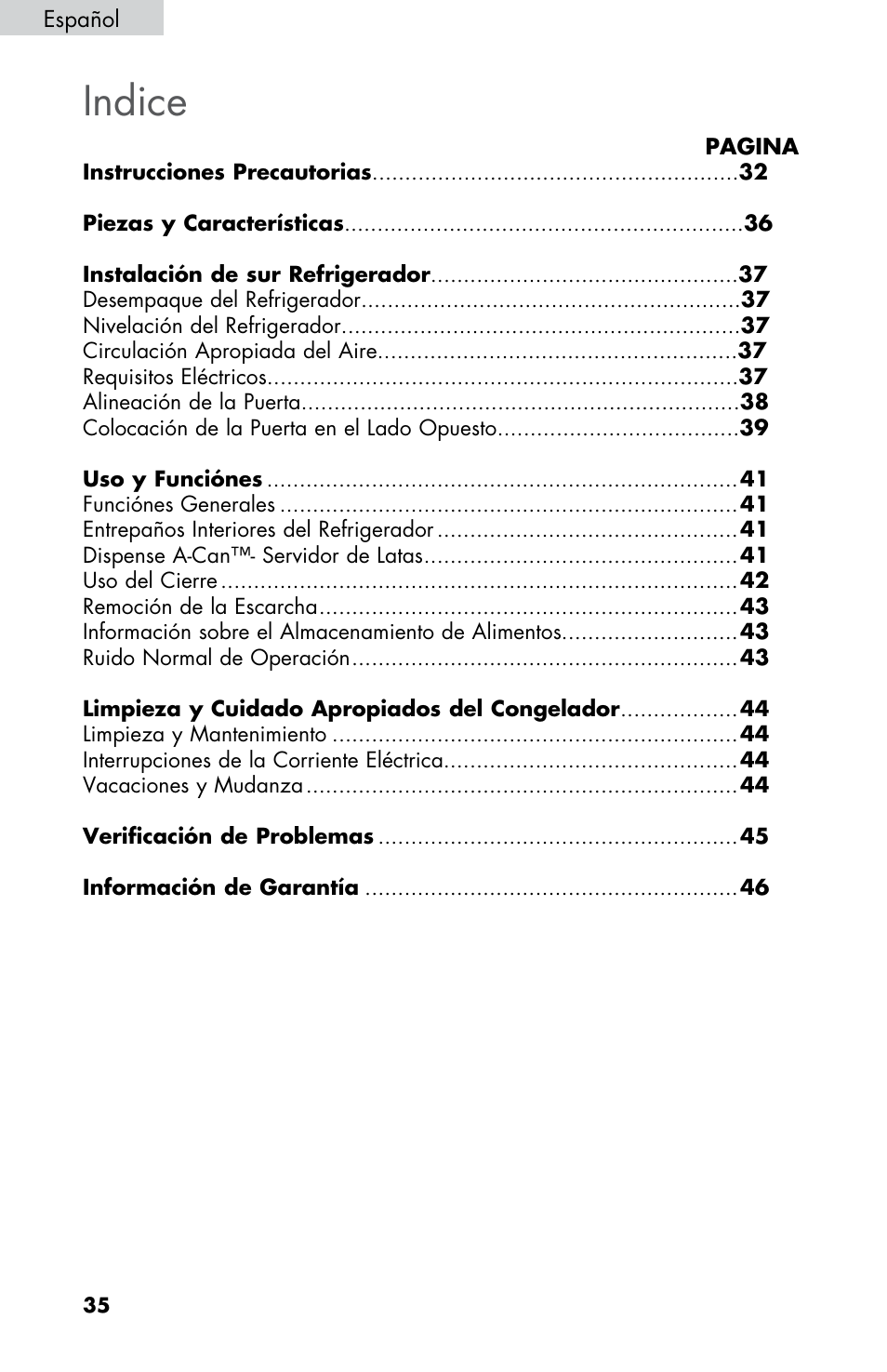 Indice | Summit FF430BLL User Manual | Page 36 / 48