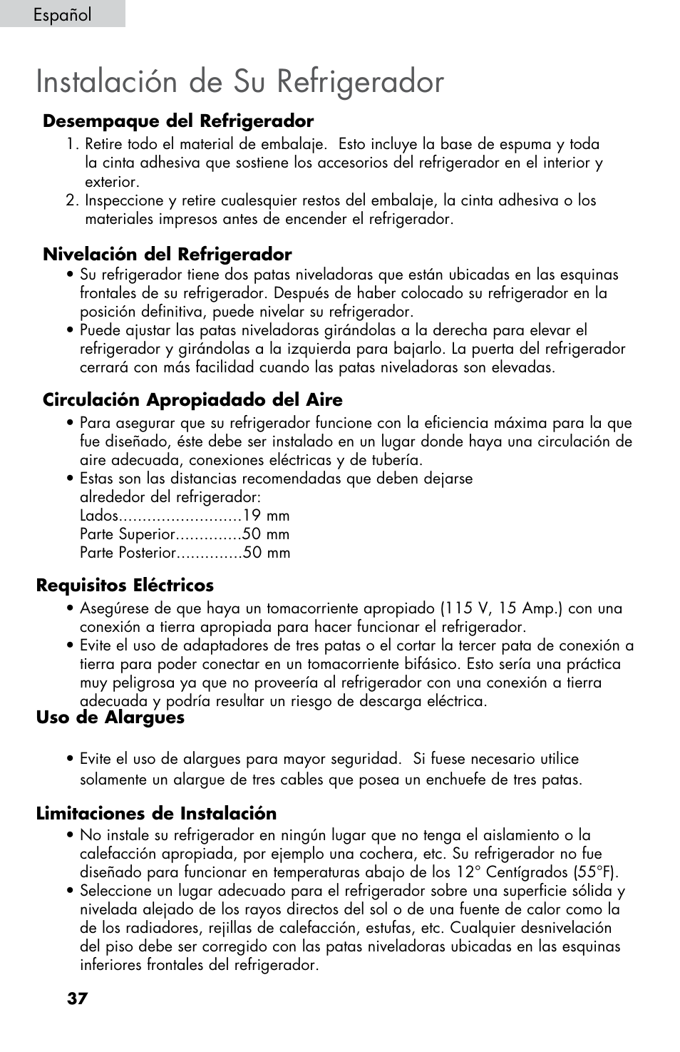 Instalación de su refrigerador | Summit FF430BLL User Manual | Page 38 / 48