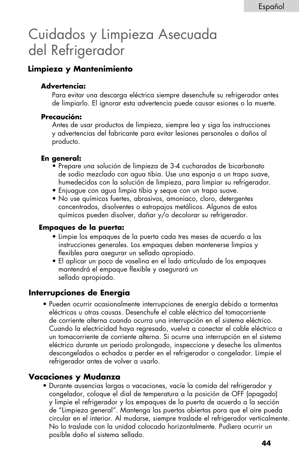 Cuidados y limpieza asecuada del refrigerador | Summit FF430BLL User Manual | Page 45 / 48