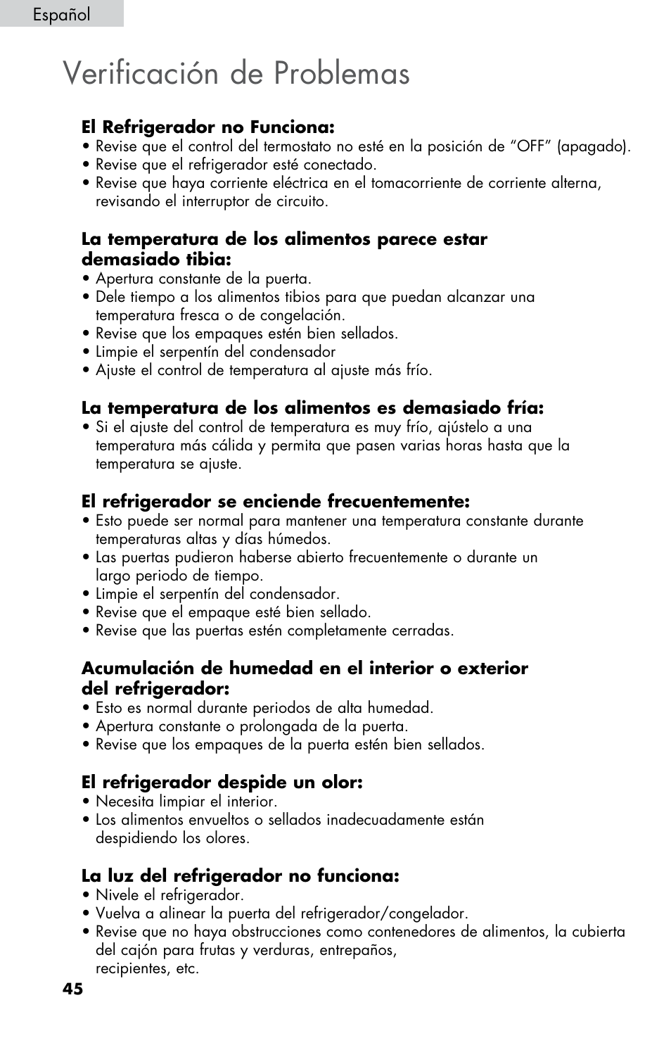 Verificación de problemas | Summit FF430BLL User Manual | Page 46 / 48