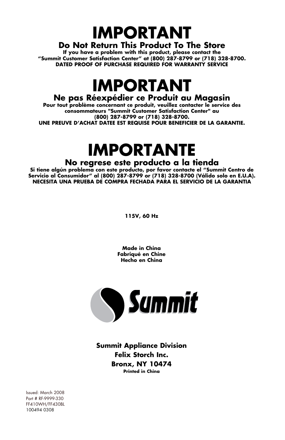 Important, Importante, Do not return this product to the store | Ne pas réexpédier ce produit au magasin, No regrese este producto a la tienda | Summit FF430BLL User Manual | Page 48 / 48
