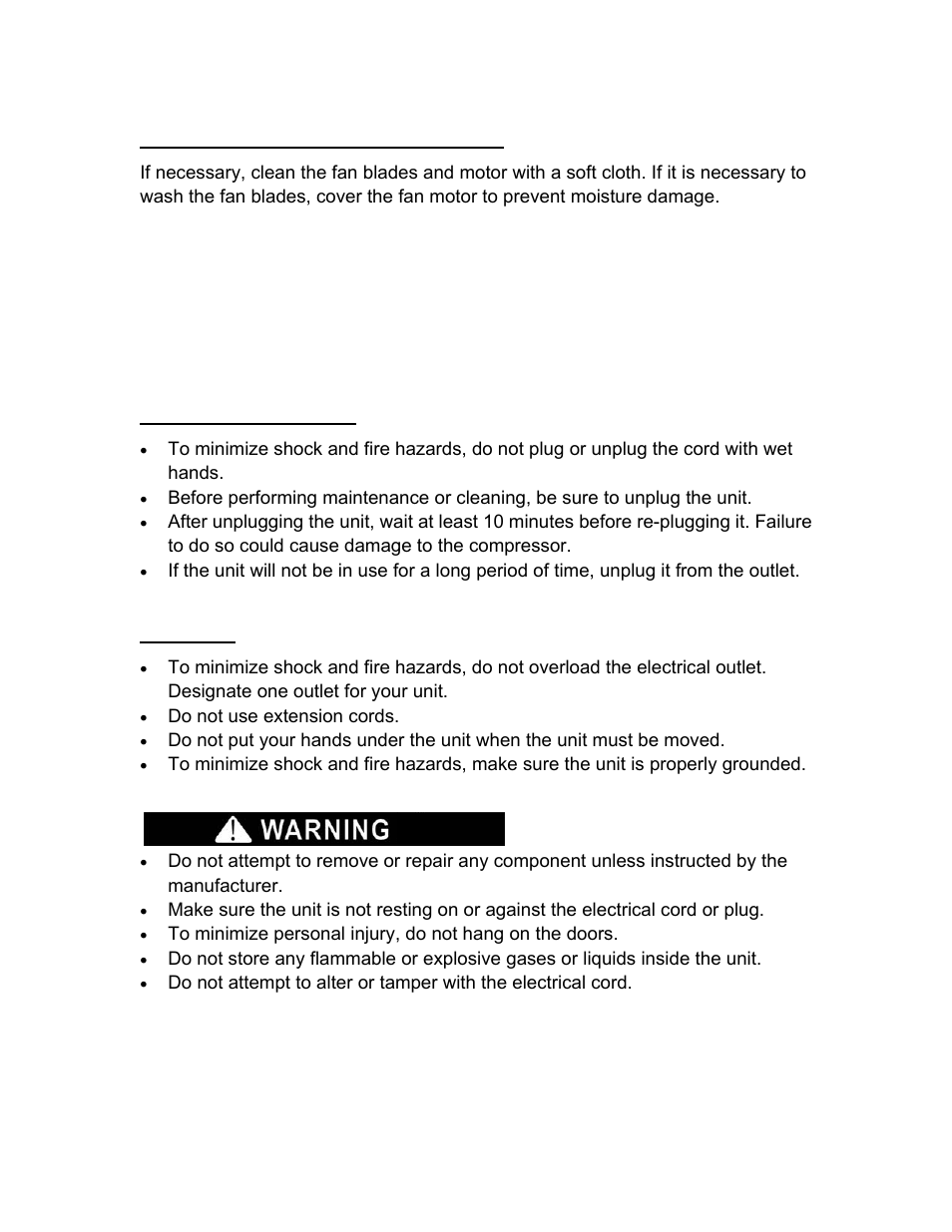 Safety warnings, Cleaning the fan blades and motor, Unplugging the cord | Attention, Warning | Summit SCFF495 User Manual | Page 10 / 12
