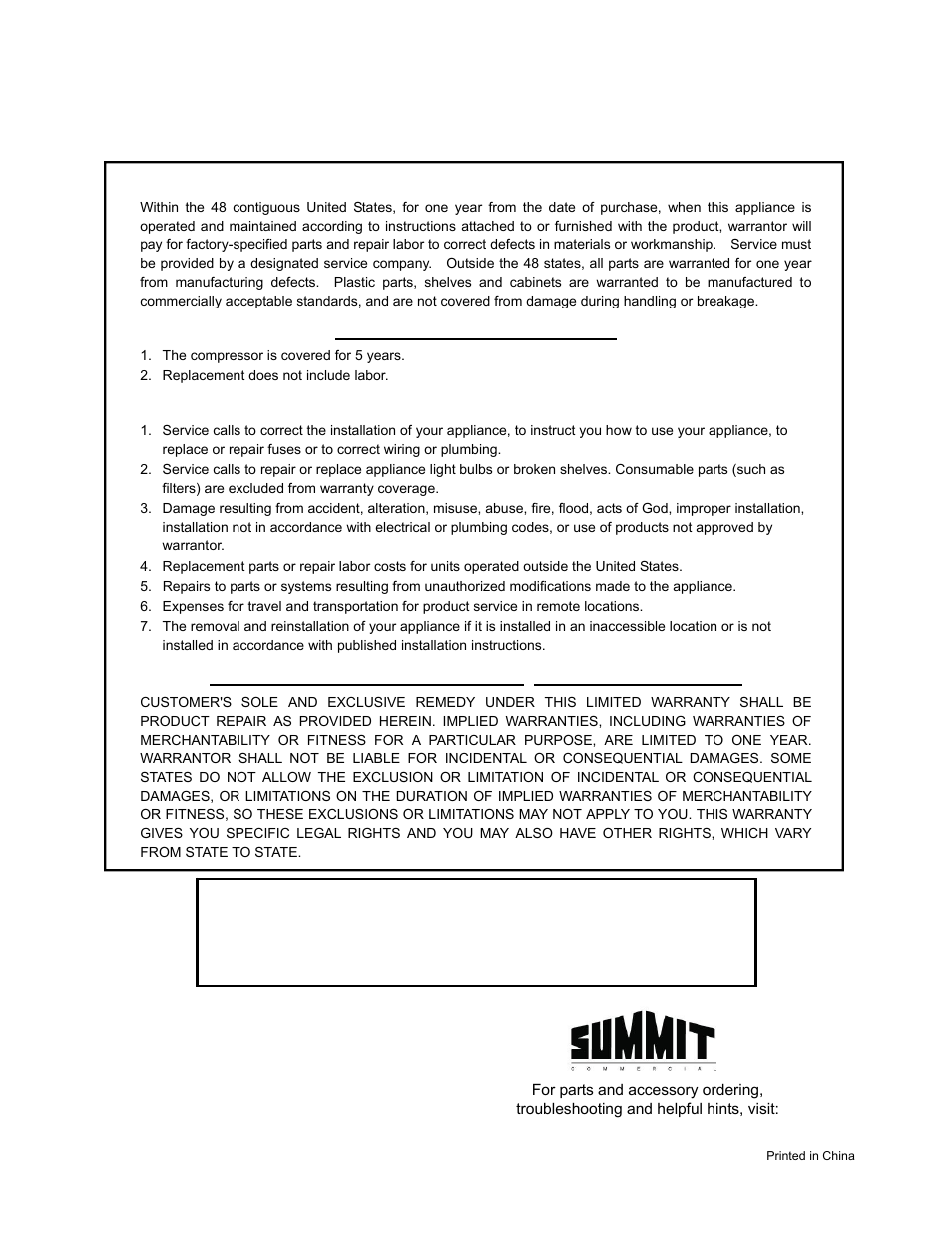 Limited warranty | Summit SCFF495 User Manual | Page 12 / 12