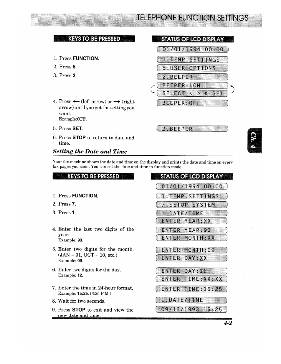 Status of igd display, 01/01/1994 0о:о(п1 ( l.tfmp.se.itings 1 l dhlons п, Beeper | Beeper:low, Pselect, Beepertoff, Keys to be pressed, Press function, Status of iod display, R0l701/1994 ooioin ( l.temp.settu | Brother IntelliFax-680 User Manual | Page 23 / 76
