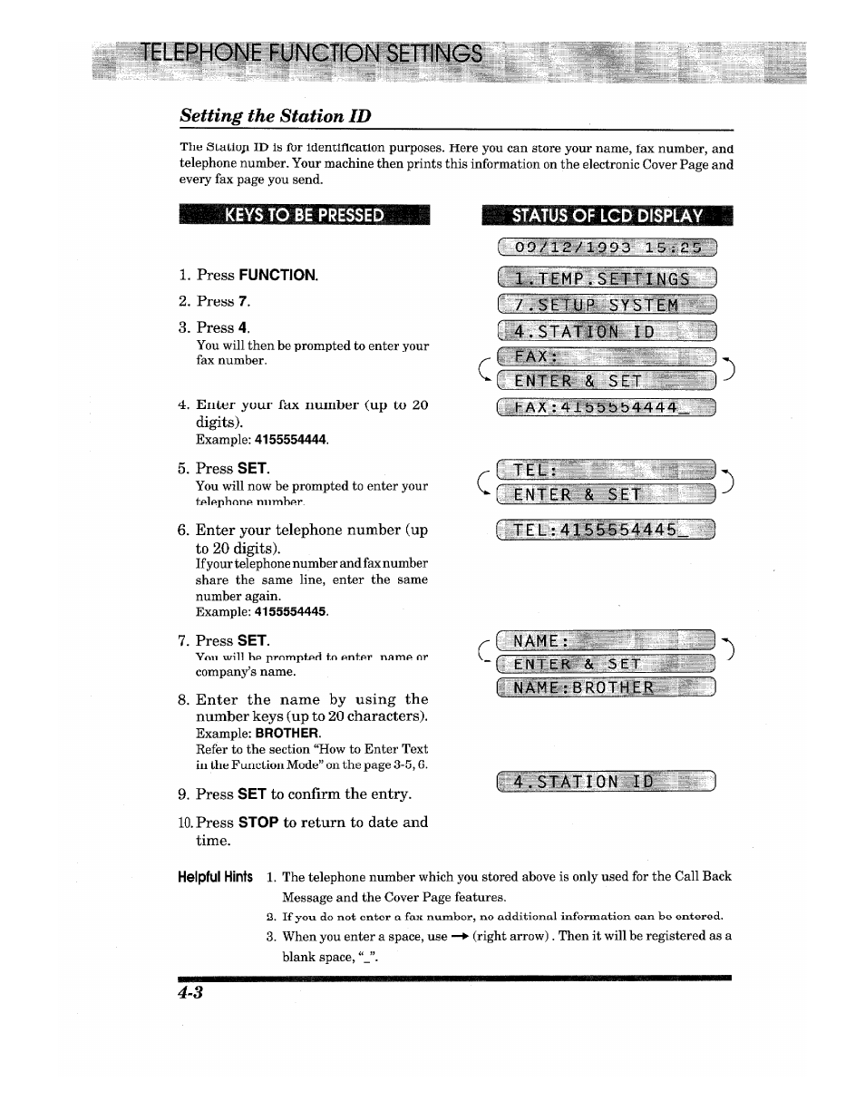 Of lcd display, R1-temp.settings ) ftt'setup system ), I 4.station id 1 | Enter & set, Ciilel:4l'^554445_ j, Keys to be pressed, Press function, Station id, Setting the station id, Press | Brother IntelliFax-680 User Manual | Page 24 / 76