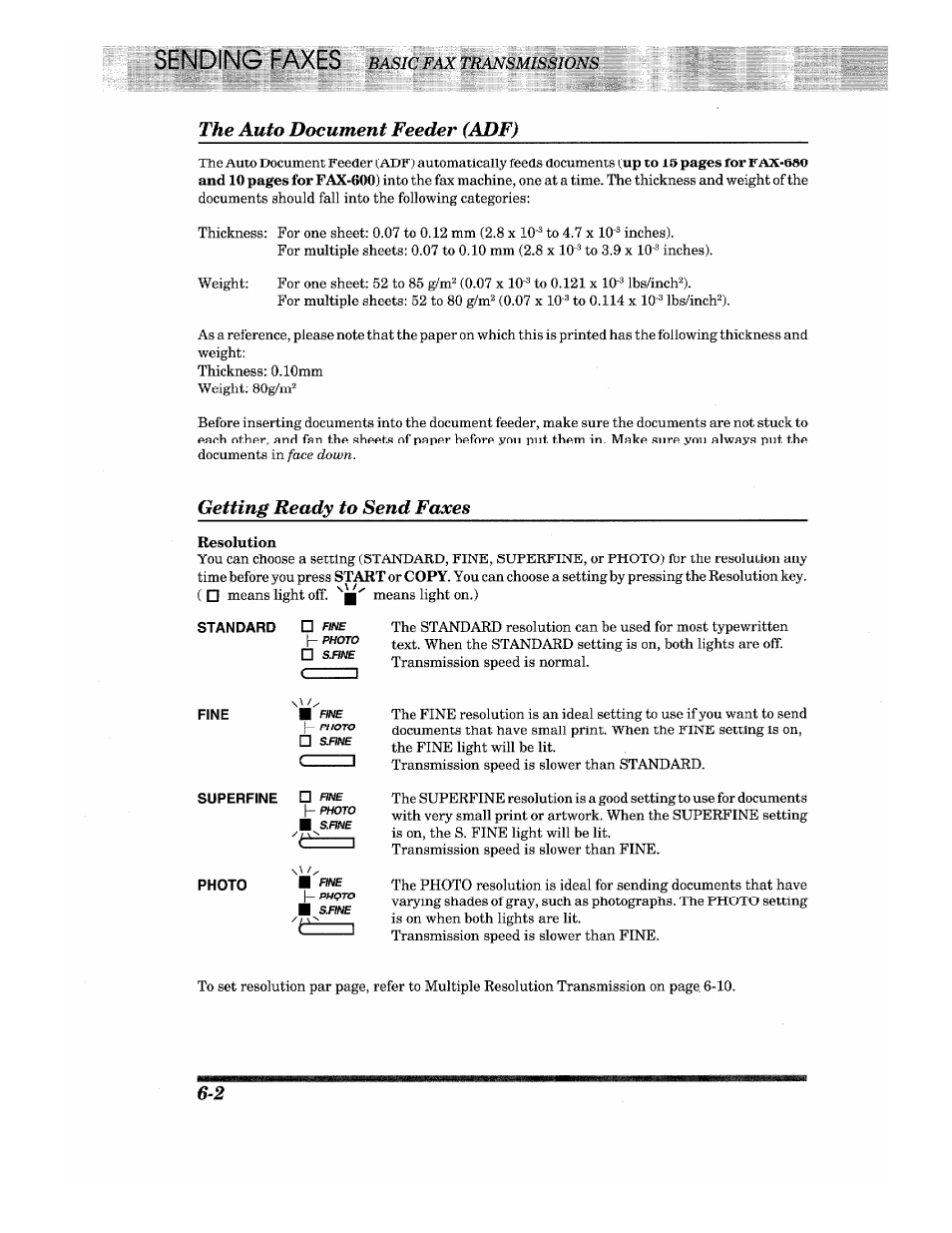 The auto document feeder (adf), Getting ready to send faxes, Basic fax transmissions | Brother IntelliFax-680 User Manual | Page 32 / 76