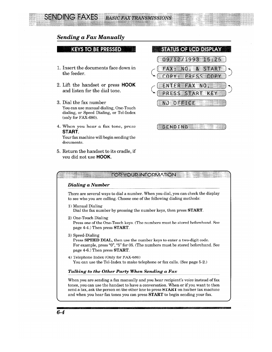 Keys to be pressed, Start, Tus of lcd display | For your information, Sending a fax manually, Basic | Brother IntelliFax-680 User Manual | Page 34 / 76