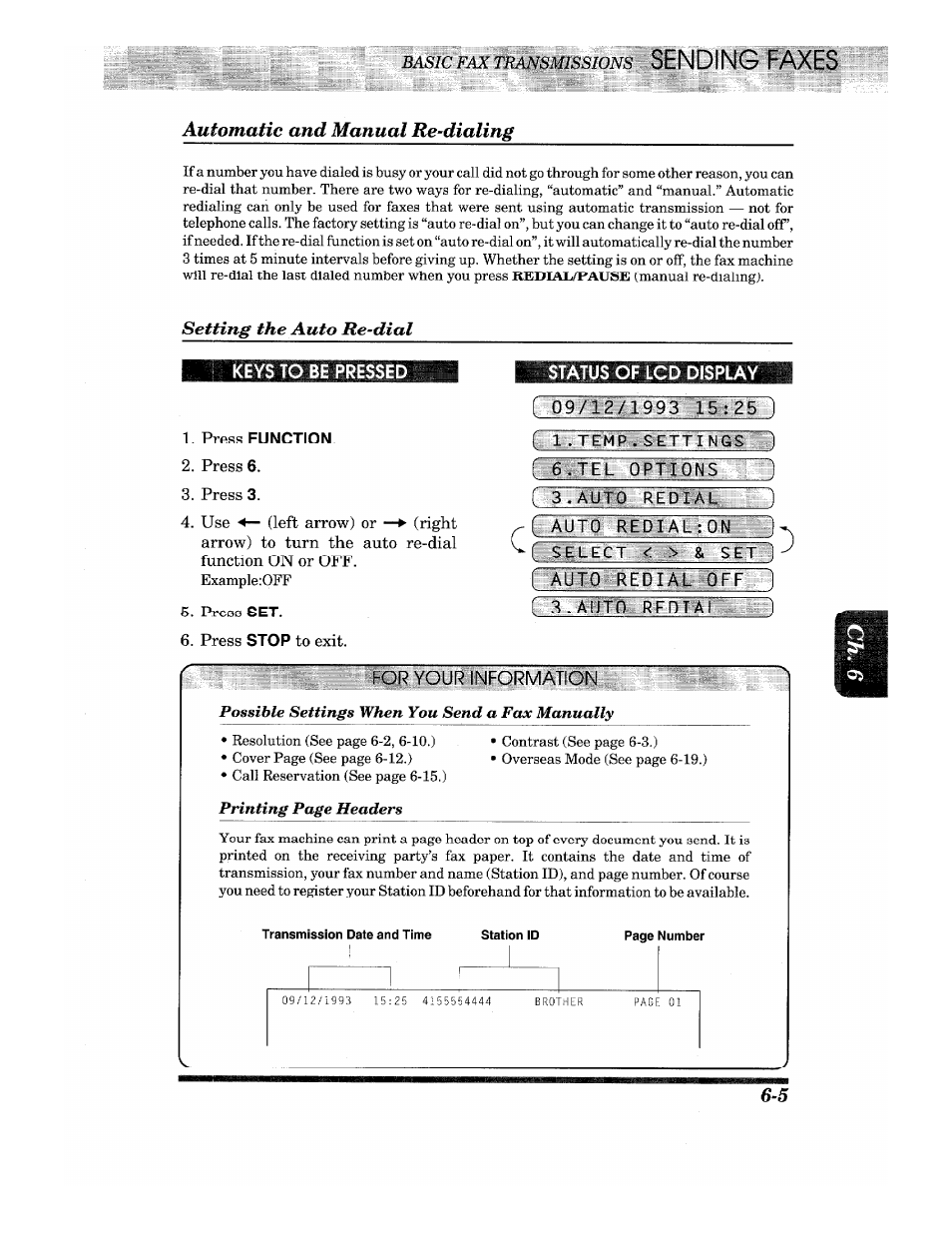 E .settings ), Tec optidns, Auto reblm|0n^3 ! select | Automatic and manual re-dialing, Setting the auto re-dial, Press, Possible settings when you send a fax manually | Brother IntelliFax-680 User Manual | Page 35 / 76