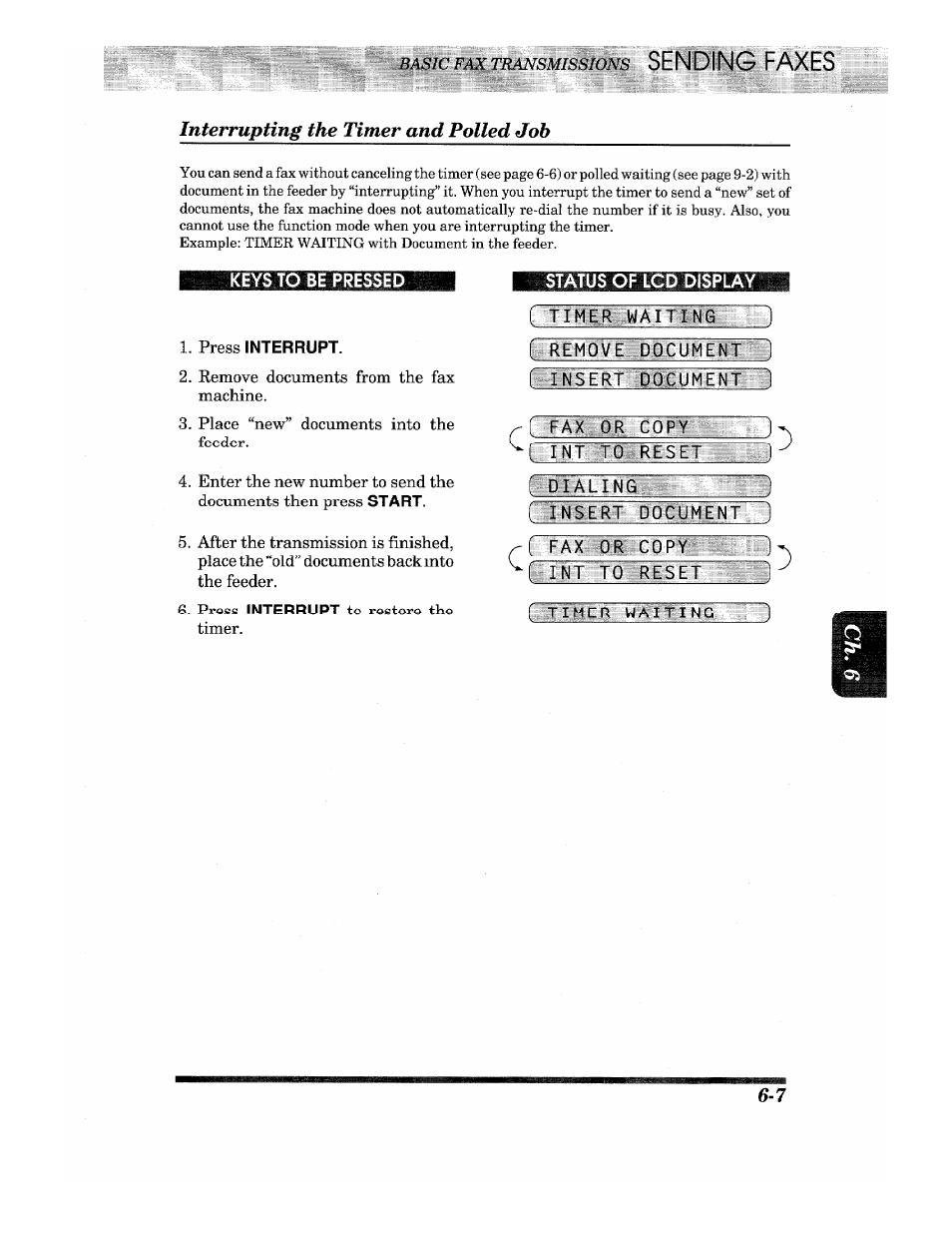 Keys to be pressed, Press interrupt, Status of lcd display | Fimer waiting j, Document j, R "i ns eiriliani men f, Fax or copy, Int to reset i, I dialing, Insert docement | Brother IntelliFax-680 User Manual | Page 37 / 76