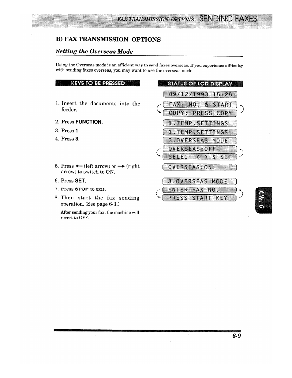 B) fax transmission options, Keys to be pressed, Press function | Start, Feieg'l: pressixopy ), 1 . tc m p.s n, Fwerse^: off, Overseas : on f 3. overseas m0d_e~1, Press^- start kbf3a, Setting the overseas mode | Brother IntelliFax-680 User Manual | Page 39 / 76