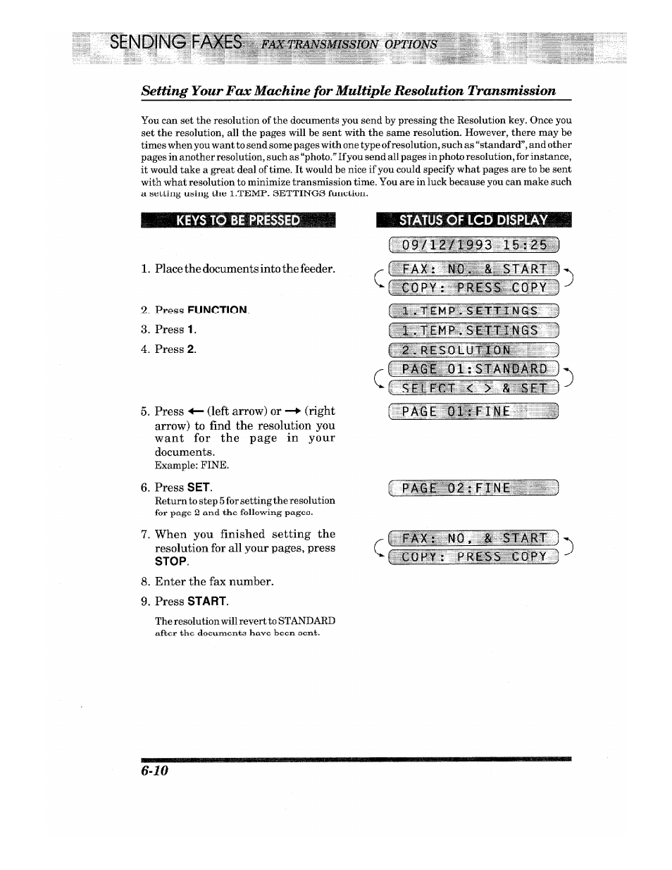 Status of lcd display, Ptoe, Fax: n0, & start ^ r' cepy~ press copy 1 | Keys to be «issed, Fax transmission options | Brother IntelliFax-680 User Manual | Page 40 / 76