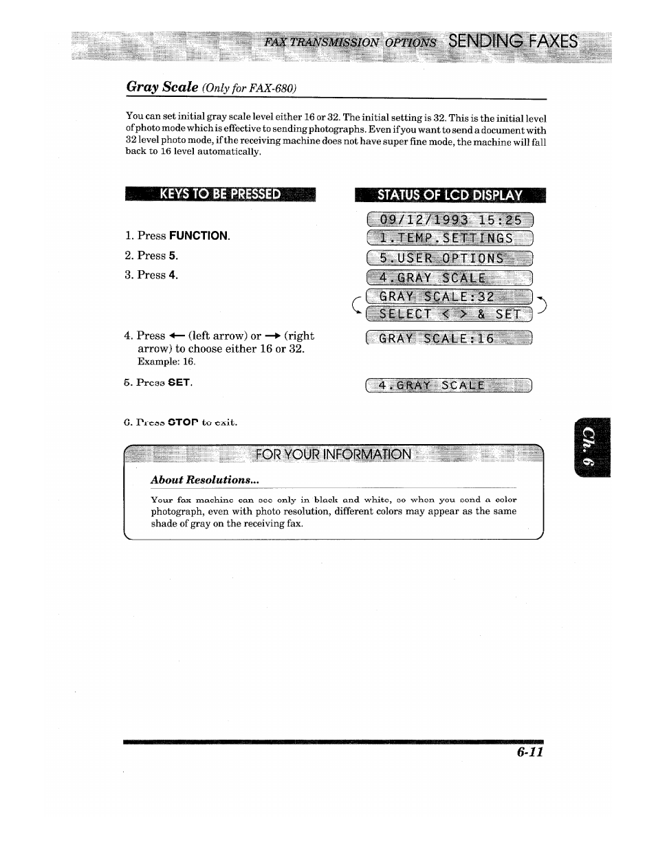 Status of lcd display, 097lgyf993 15725, User options ;i | Gray scale, R?l,ray scale: 32 п, Fyllect''i^:& set, Laray scale:16 ~'l, Fax transmission options, Press, About resolutions | Brother IntelliFax-680 User Manual | Page 41 / 76