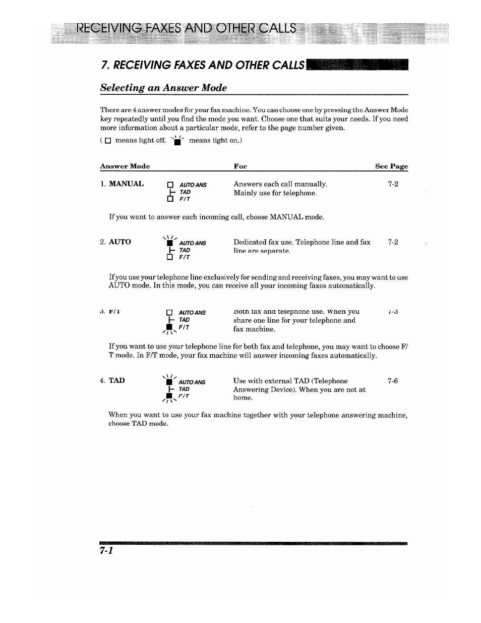 Selecting an answer mode | Brother IntelliFax-680 User Manual | Page 46 / 76