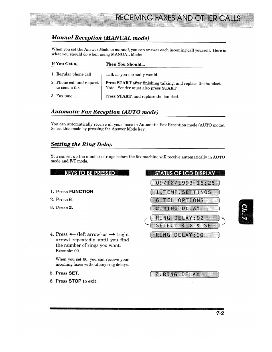 Status of lcd display, I 09/12/1993 15:25, Ring delay:02 | I select < >, a set), Manual reception (manual mode), Automatic, Reception (auto mode), Setting the ring delay, Keys to be pressed | Brother IntelliFax-680 User Manual | Page 47 / 76