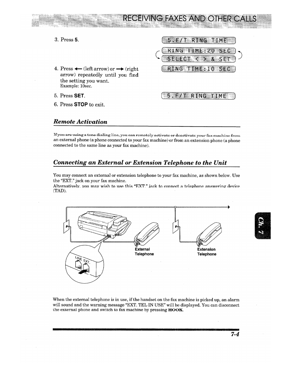 5 . f/t ring time, Ring i 1mb: z[) slc j ■ select < > & set, Remote activation | Brother IntelliFax-680 User Manual | Page 49 / 76