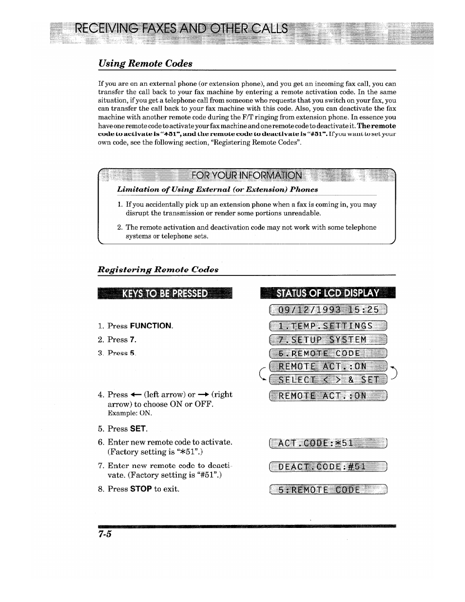 1 .temp.settings, Rt7setup~"sysfeh ), Remote act.:0n | Select < > & set, Remote act, Deact . code :£s1 ), F 5: remote code ), Using remote codes | Brother IntelliFax-680 User Manual | Page 50 / 76