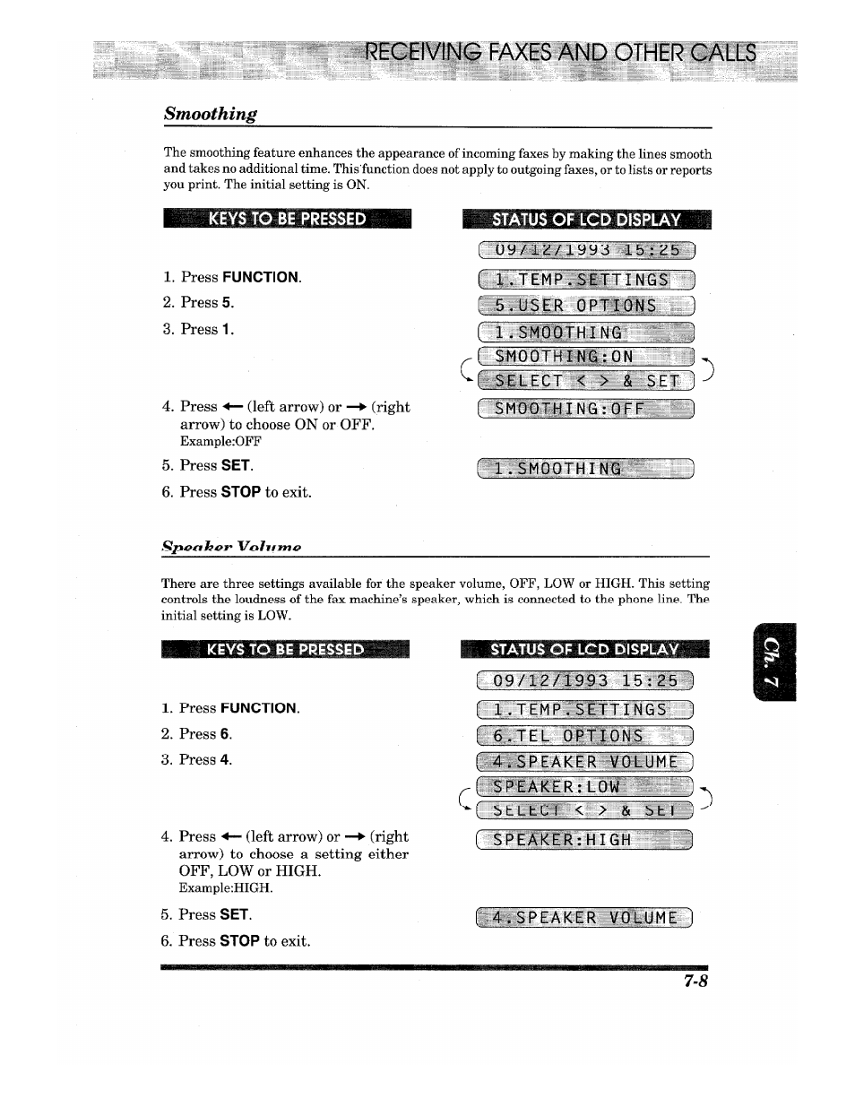 Status of lcd display, Press function, Temp.settings j | User options, Smoothing, L_smoothing, Select < > & set, Keys to be pressed, Status of leo display, I 09/12/1993 15:2b 1 | Brother IntelliFax-680 User Manual | Page 53 / 76