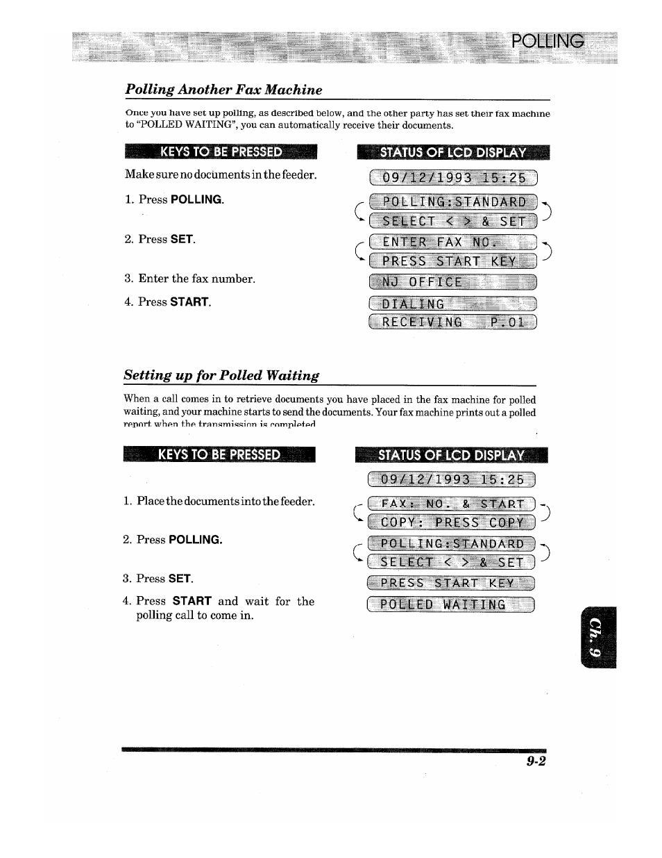 Status of lcd display, Lj9/12/1993 15:25t) ' polling:standard, F press start key ( nj office | R dialing, Status, Display, Pax : 