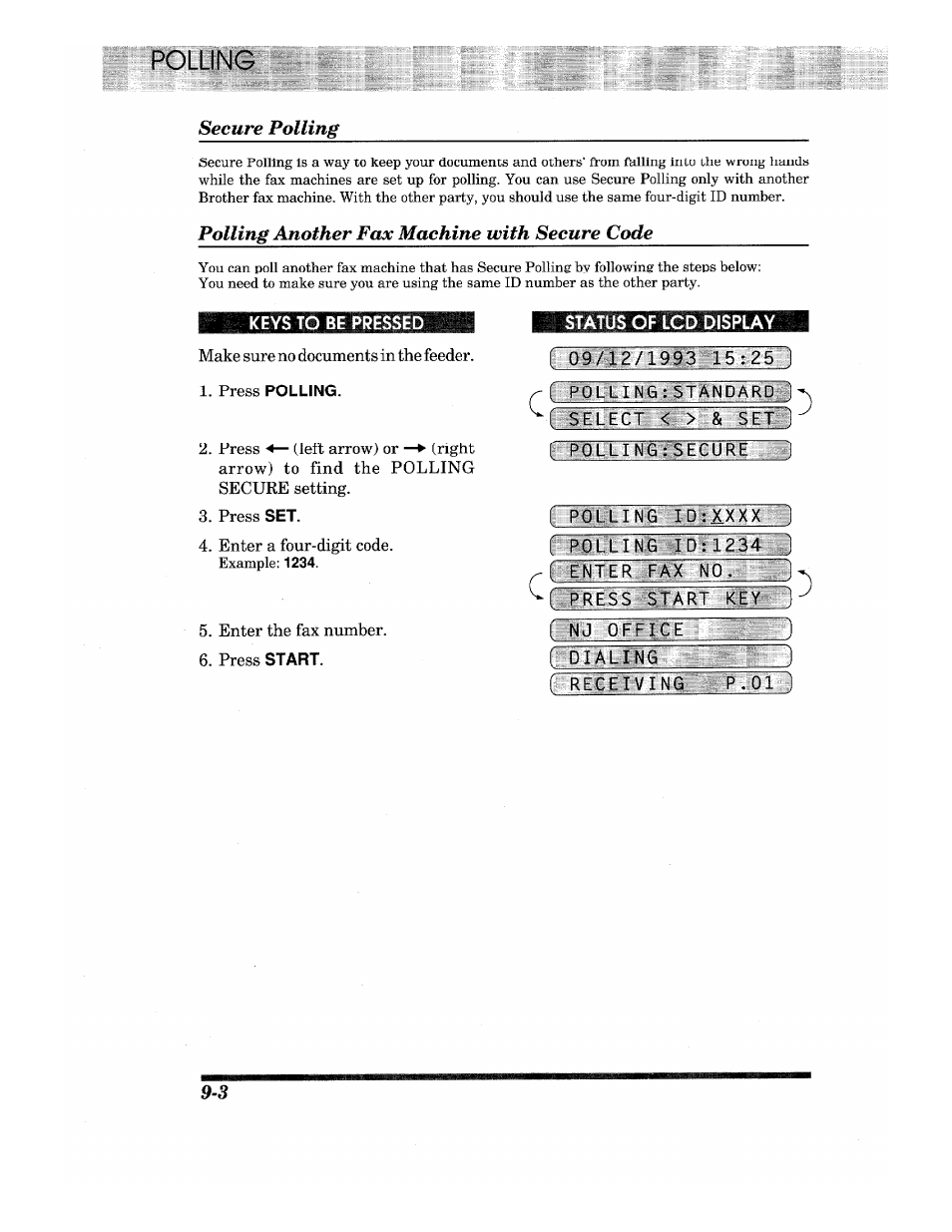Status of ki display, I 09/12/1993 15:25 ), I polling:standard i ( select <‘ >ii& :^^:s | R>ollingvseiure, I polling idixxxx j, Ftb l li n”g id: 1234 j i enter fax no, Press start key, R dialing, F'receivfng p.ol i, Secure polling | Brother IntelliFax-680 User Manual | Page 58 / 76