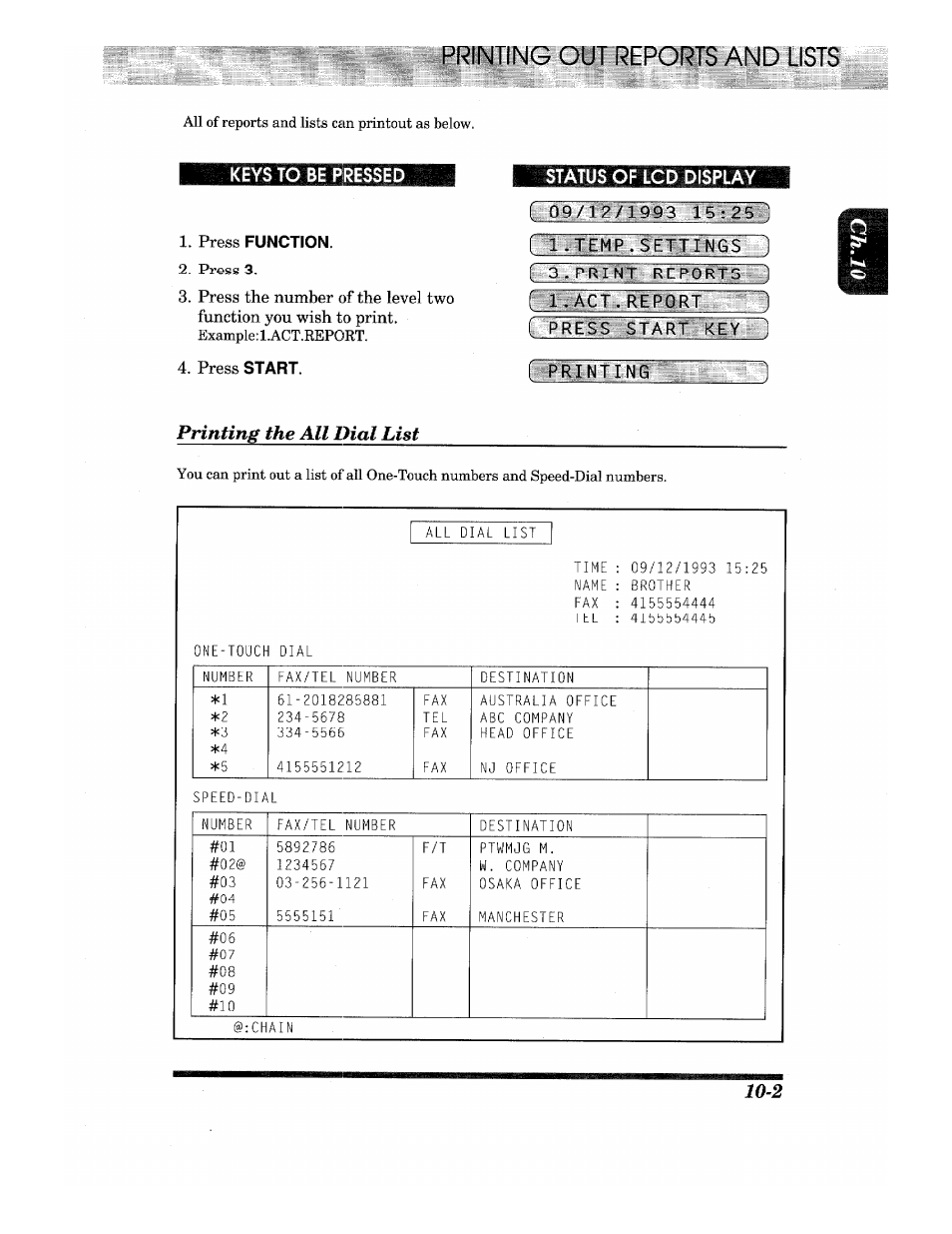 Status of lcd display, I 09/12/1993 15:25, Temp.settings 1 | I printing, Press start key, Printing the all dial list, All of reports and lists can printout as below, Printing out reports and lists | Brother IntelliFax-680 User Manual | Page 61 / 76