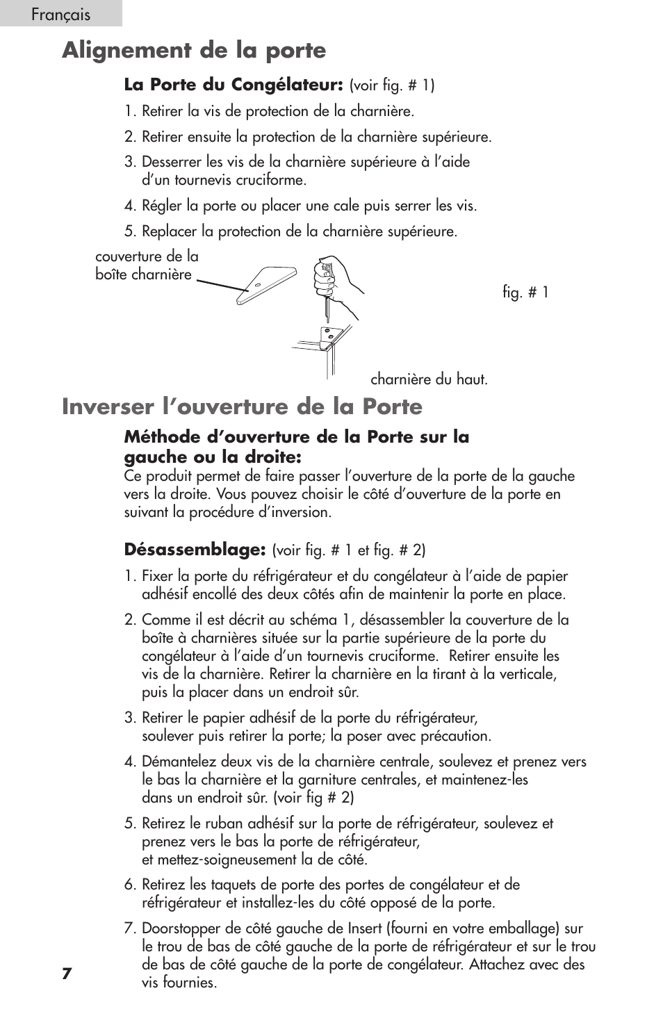 Alignement de la porte, Inverser l’ouverture de la porte | Summit FF1074 User Manual | Page 26 / 56