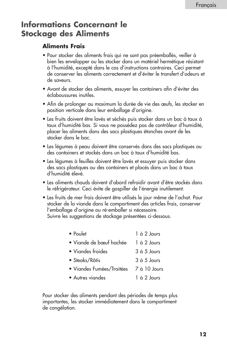 Informations concernant le stockage des aliments | Summit FF1074 User Manual | Page 31 / 56