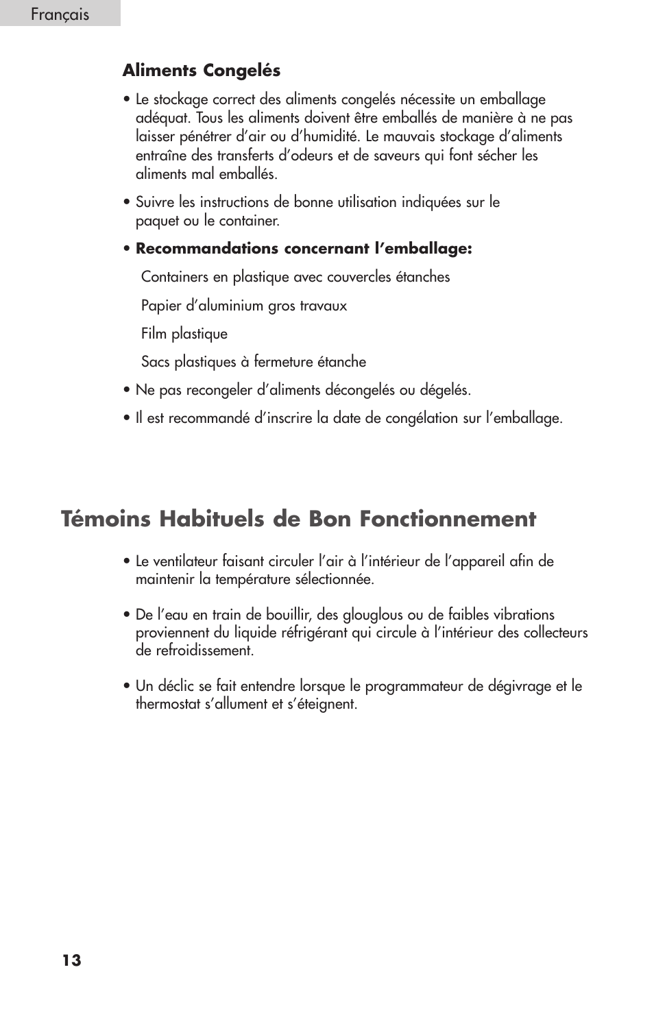 Témoins habituels de bon fonctionnement | Summit FF1074 User Manual | Page 32 / 56