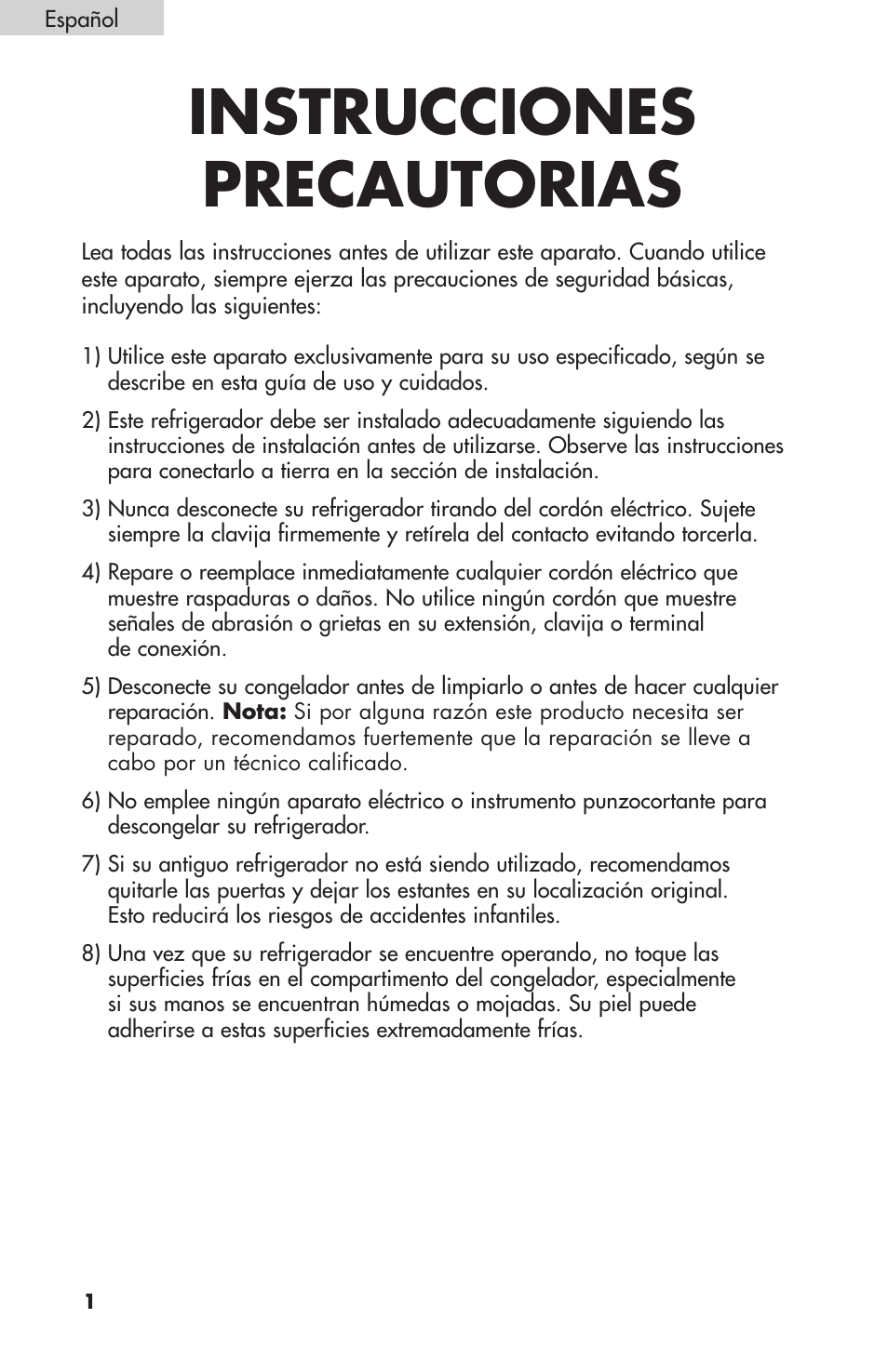 Instrucciones precautorias | Summit FF1074 User Manual | Page 38 / 56