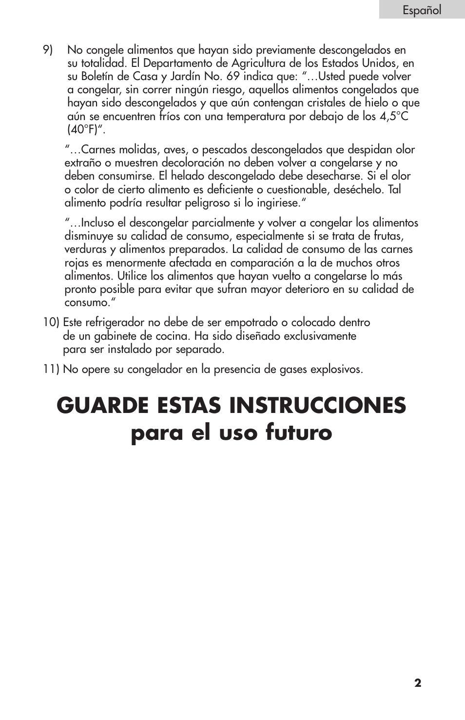 Guarde estas instrucciones para el uso futuro | Summit FF1074 User Manual | Page 39 / 56