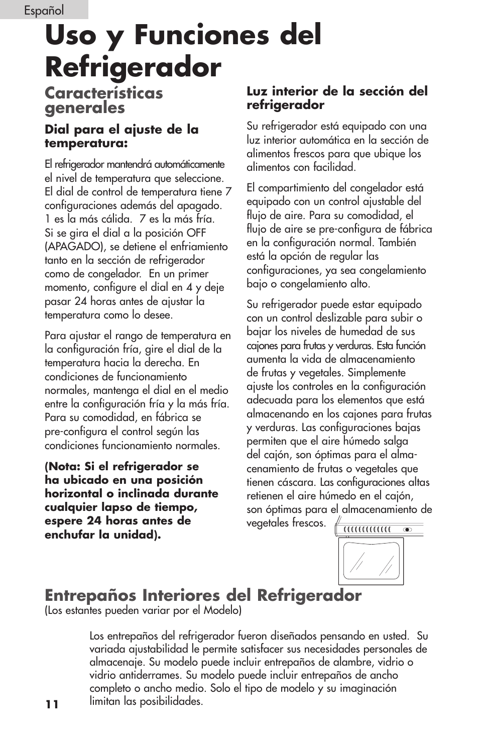 Uso y funciones del refrigerador, Entrepaños interiores del refrigerador, Características generales | Summit FF1074 User Manual | Page 48 / 56