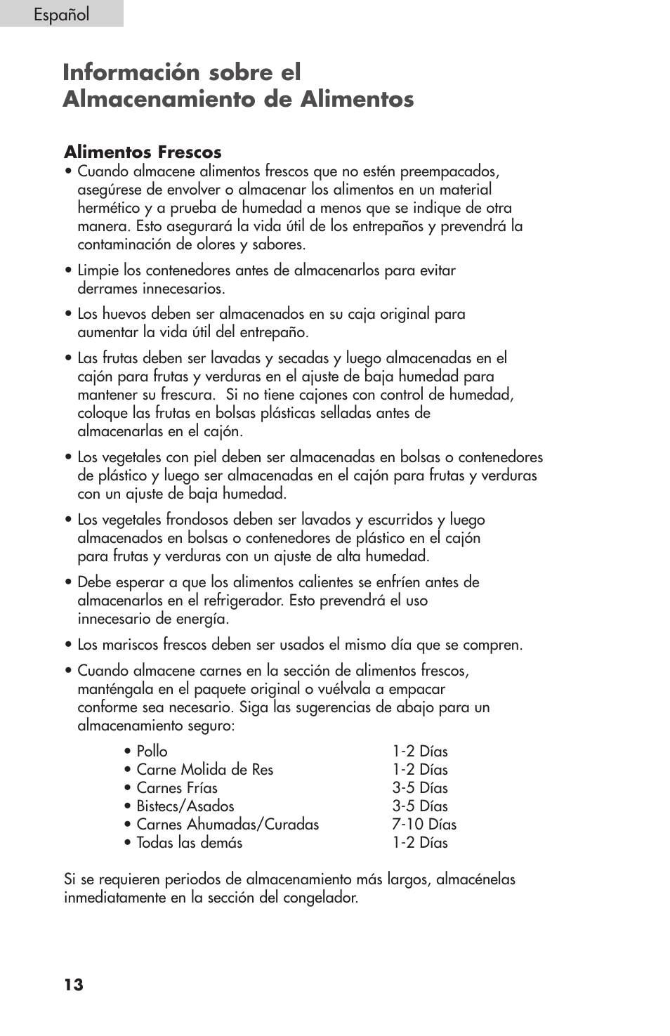 Información sobre el almacenamiento de alimentos | Summit FF1074 User Manual | Page 50 / 56