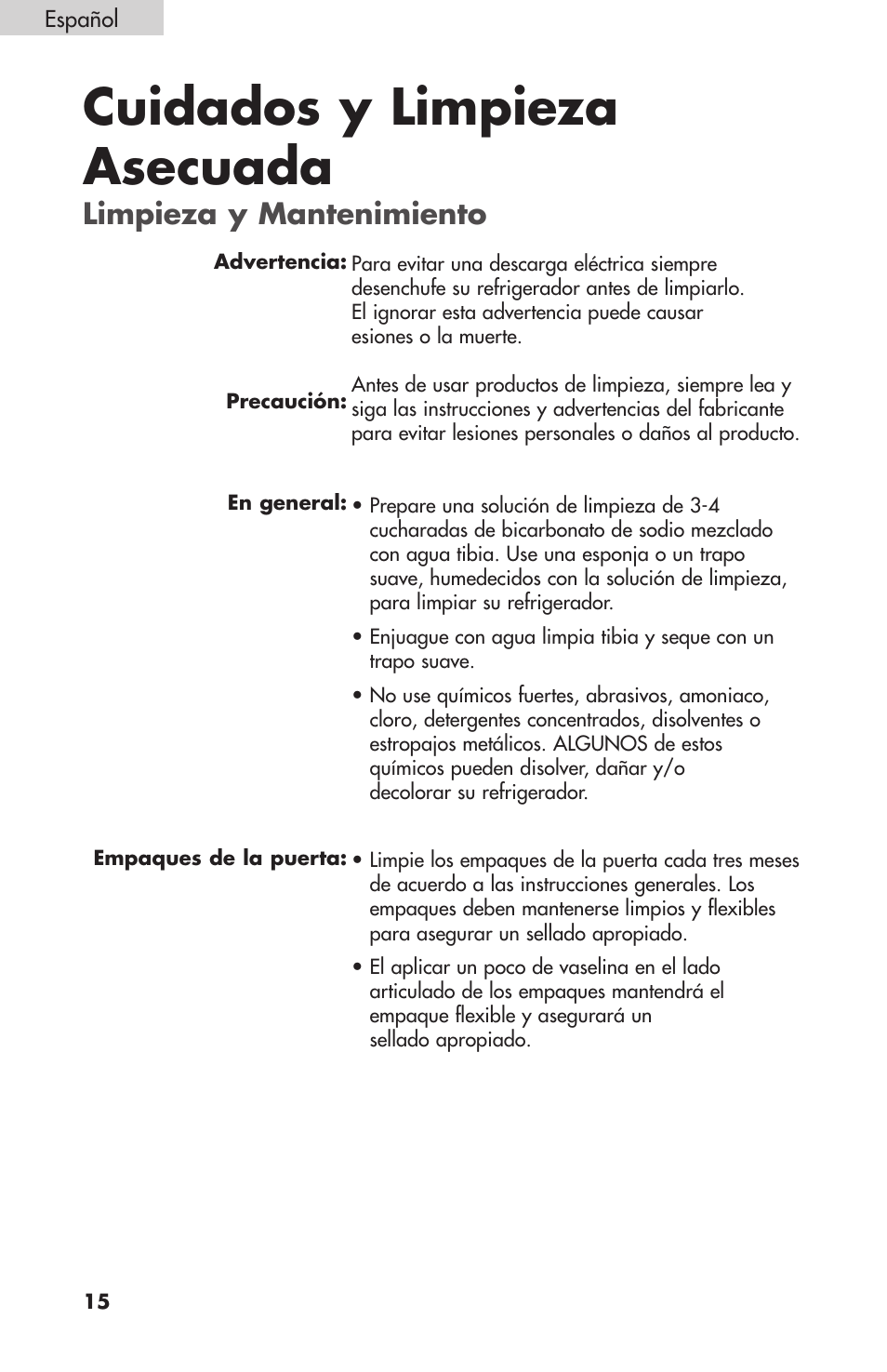 Cuidados y limpieza asecuada, Limpieza y mantenimiento | Summit FF1074 User Manual | Page 52 / 56